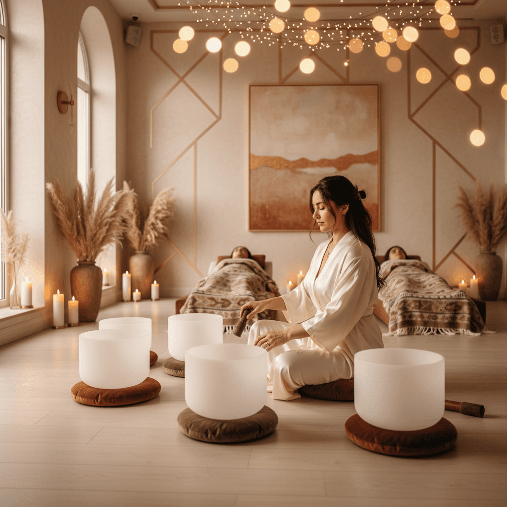Eine beruhigende Szene im Soul Art Studio Dubai, mit Larissa Steinbach die Klangschalen bedient, um die HALT-Zustände zu adressieren und Entspannung zu fördern.