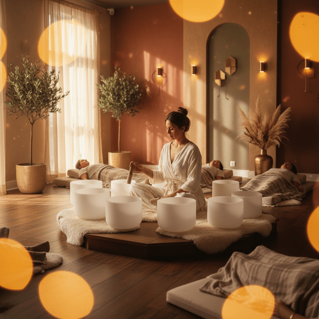 Eine goldene Hanukkah-Menorah, umgeben von sanftem Licht und symbolisiert Hoffnung und Wärme. Larissa Steinbach von Soul Art Dubai verbindet die universelle Botschaft des Lichts mit tiefgehender Klang-Wellness für inneres Wohlbefinden und Resilienz.