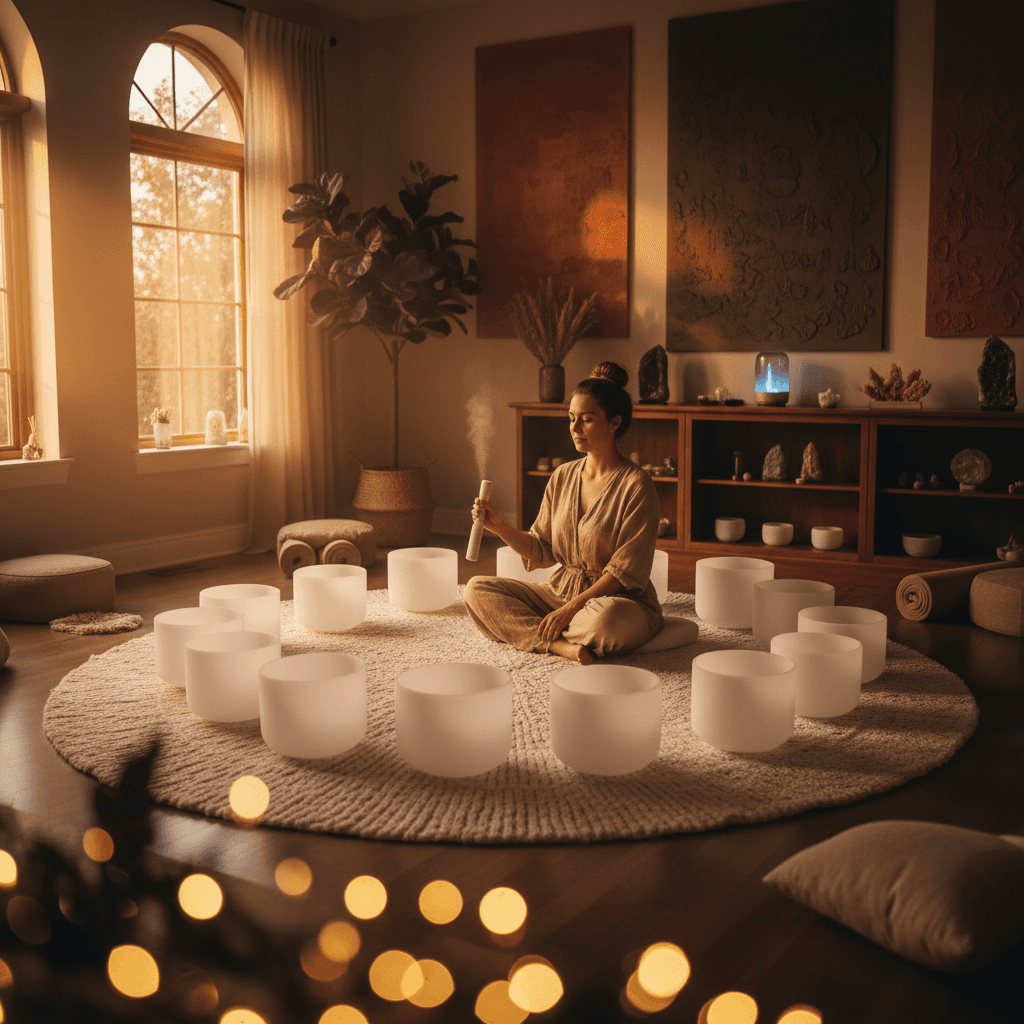 Sound bowls vibrating with harmonic frequencies, symbolizing emotional healing