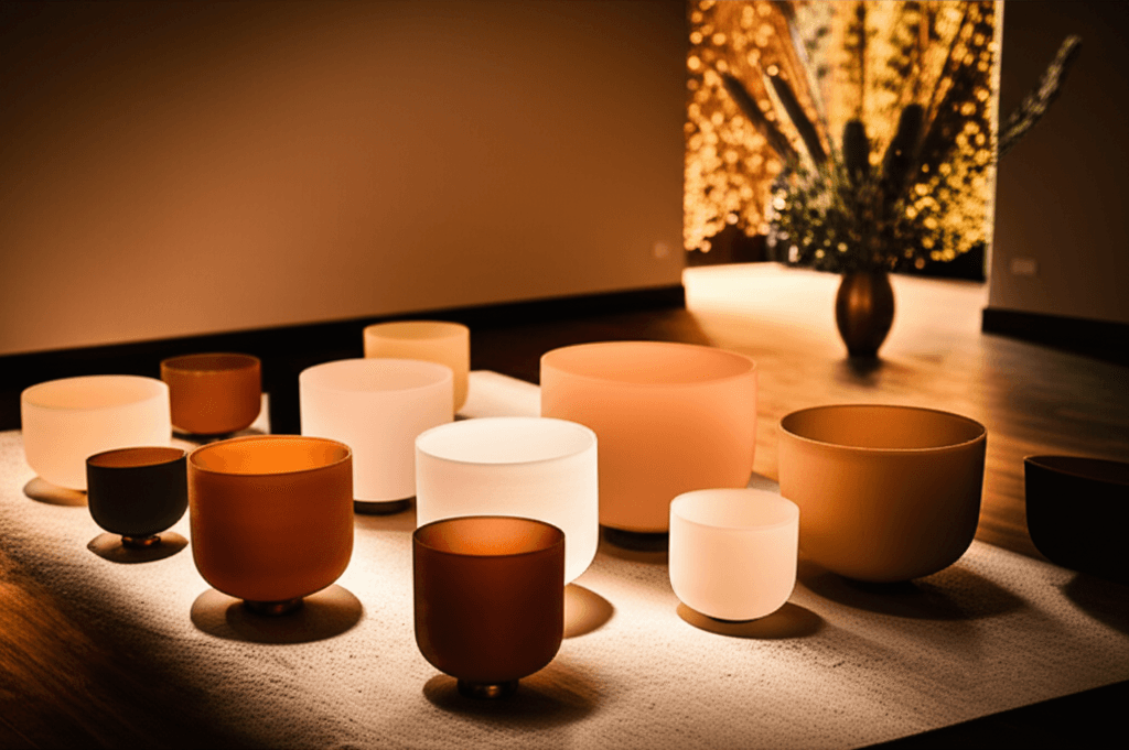 A person in a meditative state, surrounded by glowing singing bowls, experiencing harmonic overtones for deep relaxation and healing at Soul Art, led by Larissa Steinbach.