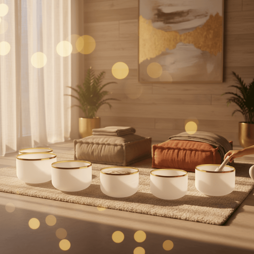 A person experiencing deep relaxation during a sound wellness session at Soul Art Dubai, showcasing the serene environment crafted by Larissa Steinbach for migraine relief and holistic well-being.