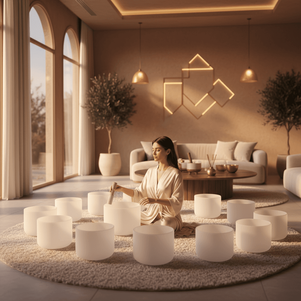 Eine Person entspannt sich mit Over-Ear-Kopfhörern in einer beruhigenden Umgebung, die das Engagement von Soul Art Dubai und Larissa Steinbach für hochwertige Klang-Wellness-Erlebnisse symbolisiert.