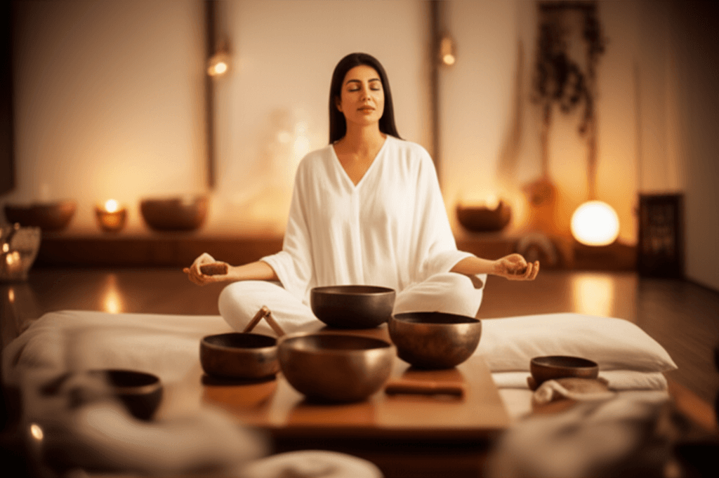 A tranquil image of a sound bath session at Soul Art Dubai, with crystal singing bowls and soft lighting, designed to calm health anxiety, led by Larissa Steinbach.