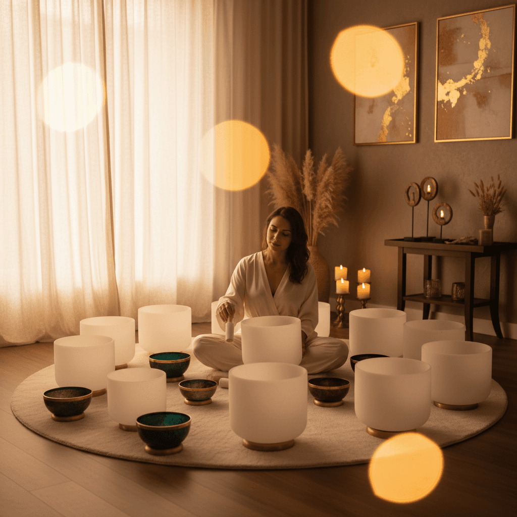Eine Person entspannt sich auf einer Matte, umgeben von Klangschalen und sanftem Licht, symbolisierend die angepassten Klangheilungsansätze von Larissa Steinbach bei Soul Art Dubai für Menschen mit Hörverlust.