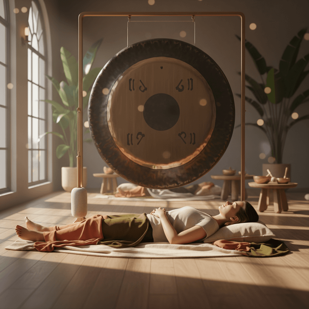 A person meditating during a sound bath, with soft light and various sound healing instruments. Soul Art Dubai and Larissa Steinbach focus on mindful hearing protection for sensitive clients.