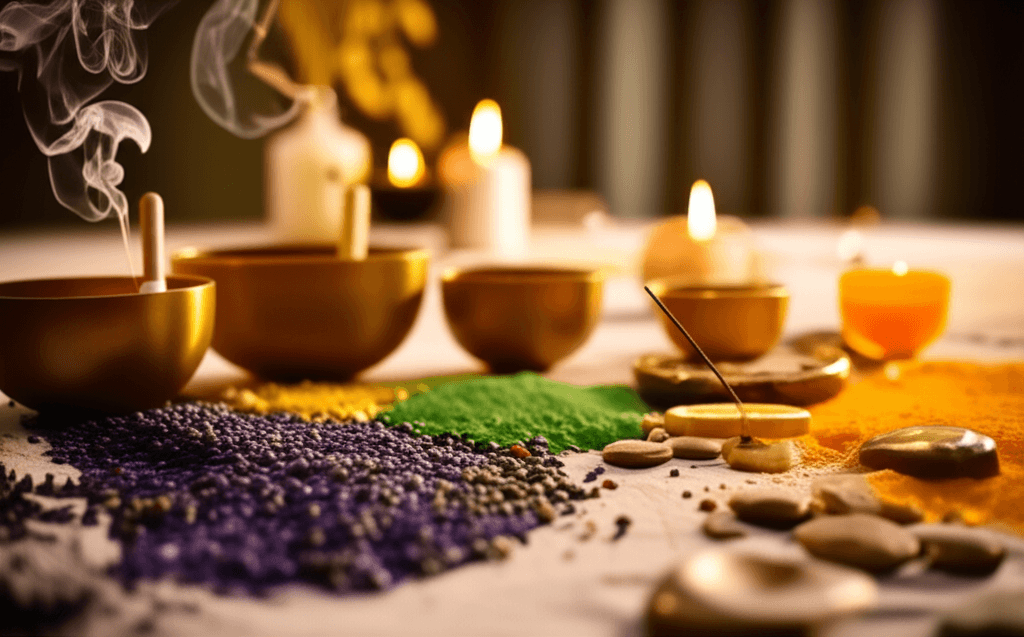 امرأة تمارس التأمل مع كريستال شاكرا القلب الأخضر. تدعم لاريسا شتاينباخ في سول آرت دبي الشفاء الصوتي بترددات 639 هرتز لتعزيز الحب والاتصال والرفاهية العاطفية.