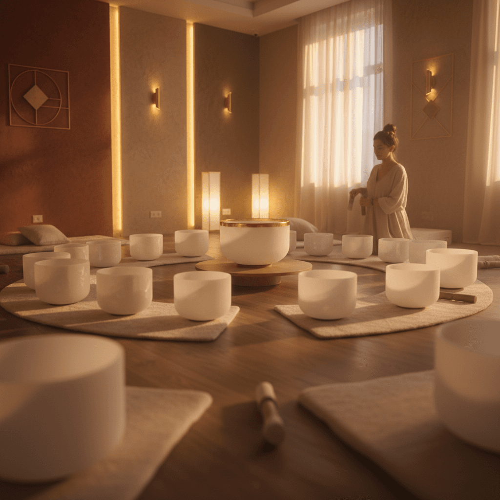 Eine Abbildung von harmonischen Klangwellen, die von einem stilisierten Herzen ausgehen, im Wellness-Studio Soul Art von Larissa Steinbach in Dubai.