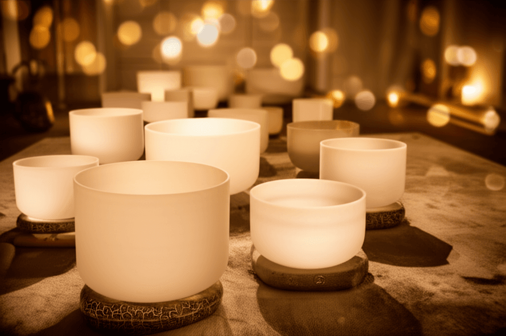 A person meditating during a sound wellness session at Soul Art, showcasing crystal singing bowls and ambient lighting. Featuring Larissa Steinbach's holistic approach to improving Heart Rate Variability.