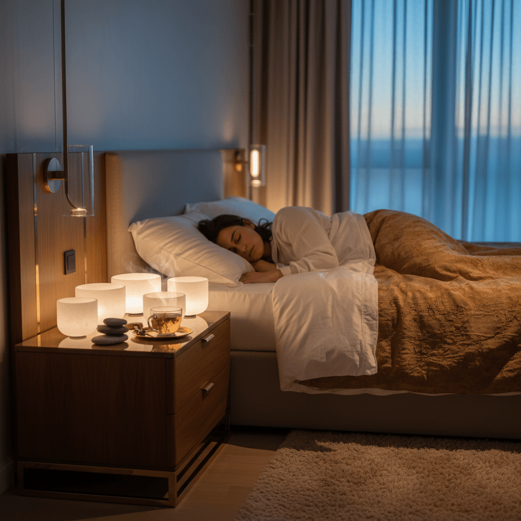 A tranquil image of crystal singing bowls with a soft glow, symbolizing evening sound practice at Soul Art Dubai with Larissa Steinbach, promoting restful sleep against ambient heat.