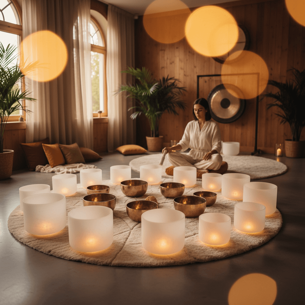 A serene studio setting at Soul Art Dubai, with sound bowls and soft lighting, representing hemisphere synchronization through binaural frequencies led by Larissa Steinbach.