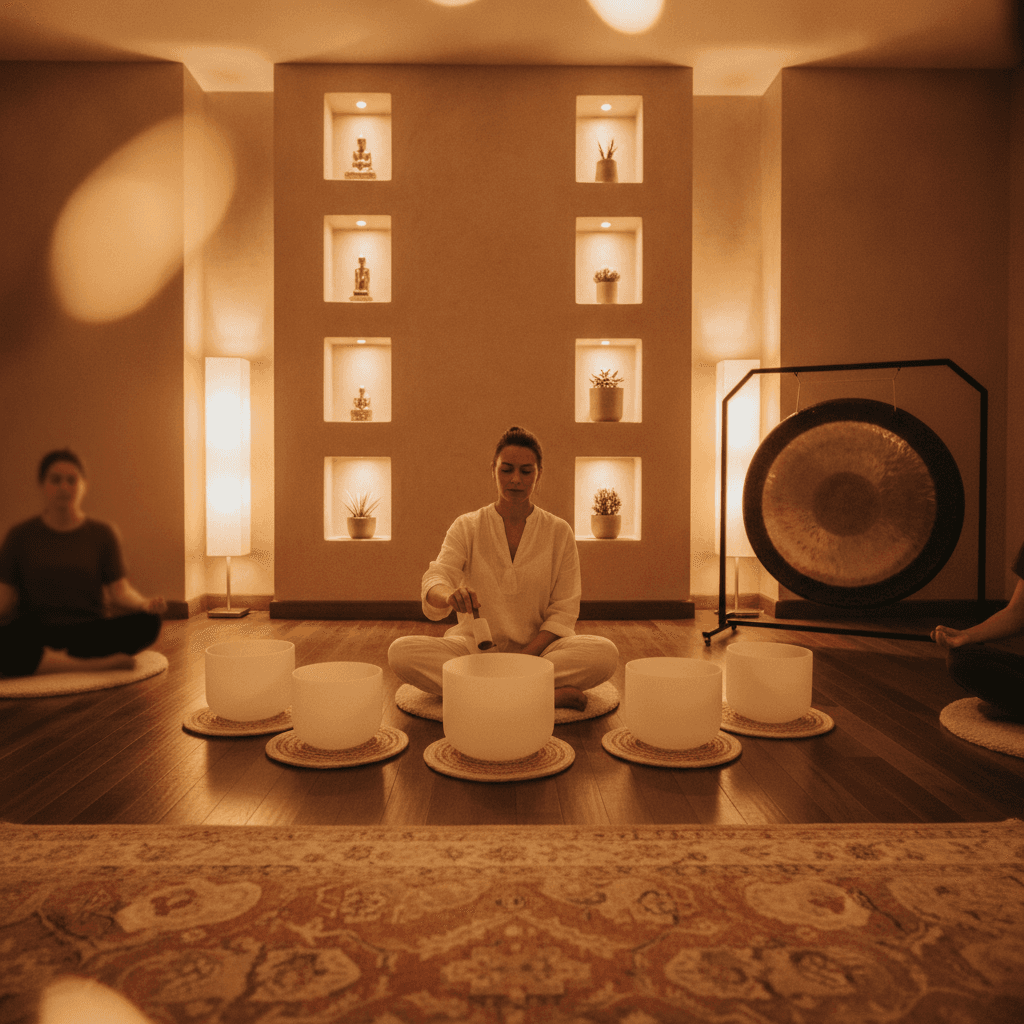 Larissa Steinbach guiding a transformative sound wellness session at Soul Art Dubai, featuring crystal singing bowls and ambient high-frequency sounds for nervous system comfort and deep relaxation.