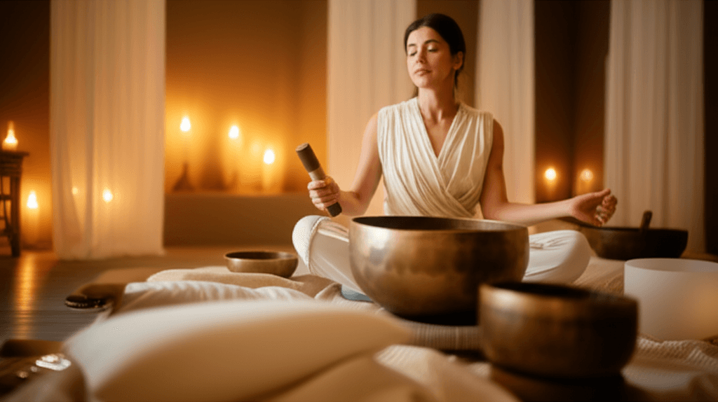 A person meditating surrounded by crystal singing bowls, representing luxury sound wellness at Soul Art by Larissa Steinbach.