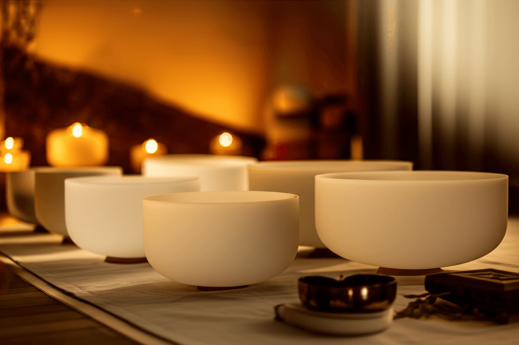 Larissa Steinbach from Soul Art guiding a client through a sound wellness session, with Himalayan singing bowls and gongs, preparing for high-stakes presentations and peak performance in Dubai.