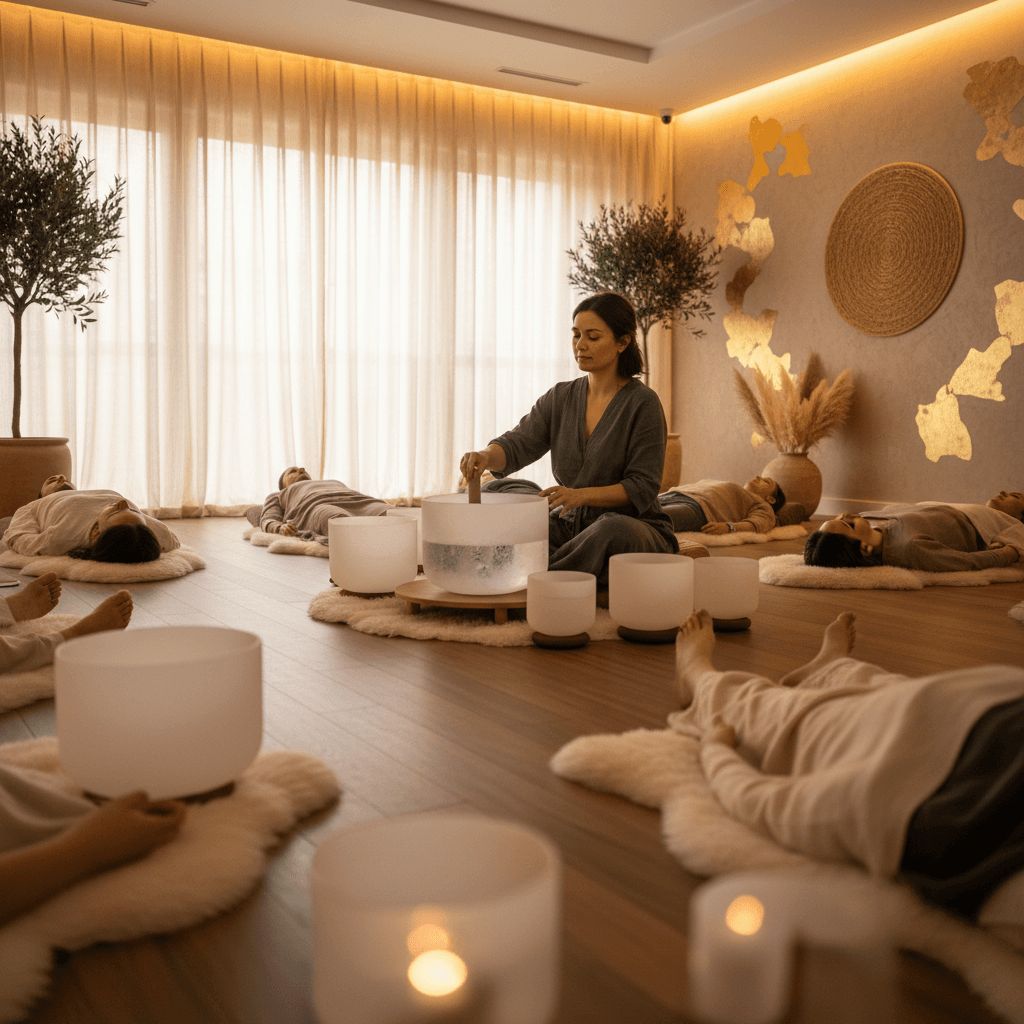 Eine ruhige Szene in einem Klang-Wellness-Studio von Soul Art in Dubai, mit tibetischen Klangschalen und Gongs, die eine tiefe Verbindung zum Höheren Selbst symbolisieren. Larissa Steinbach leitet die Sitzung.