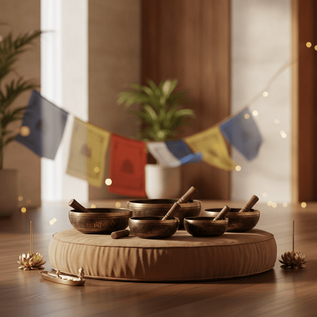 A close-up of a shimmering Himalayan singing bowl with a mallett, symbolizing deep relaxation and sound wellness at Soul Art Dubai, led by Larissa Steinbach.