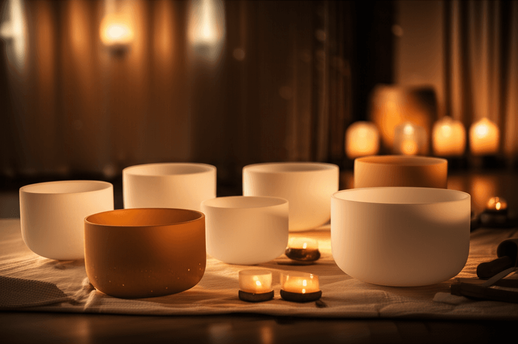 A serene studio setting at Soul Art, depicting a person engaged in Holotropic Breathwork with sound healing instruments like gongs and crystal bowls, facilitated by Larissa Steinbach.