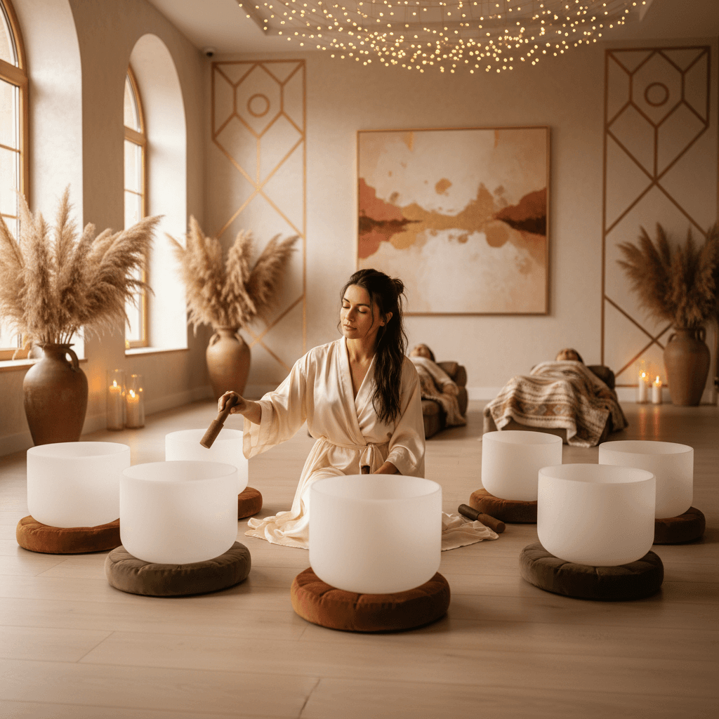 Larissa Steinbach von Soul Art Dubai in einer entspannenden Klang-Wellness-Umgebung, die Produktivität im Home Office durch Soundscaping steigert.