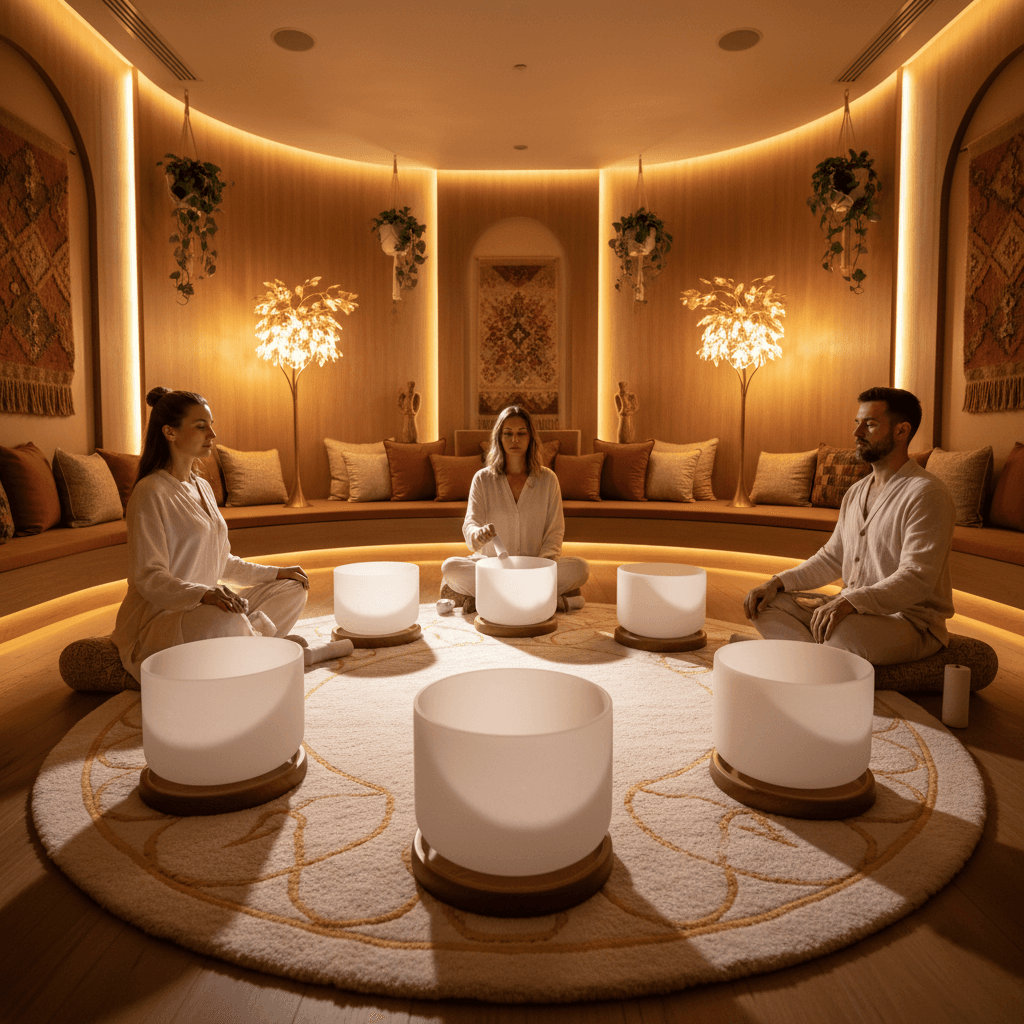 Eine Person meditiert in einem hellen, beruhigenden Wohnzimmer, umgeben von Klangschalen und sanftem Licht, symbolisierend die Klang-Wellness-Praxis von Soul Art und Larissa Steinbach.