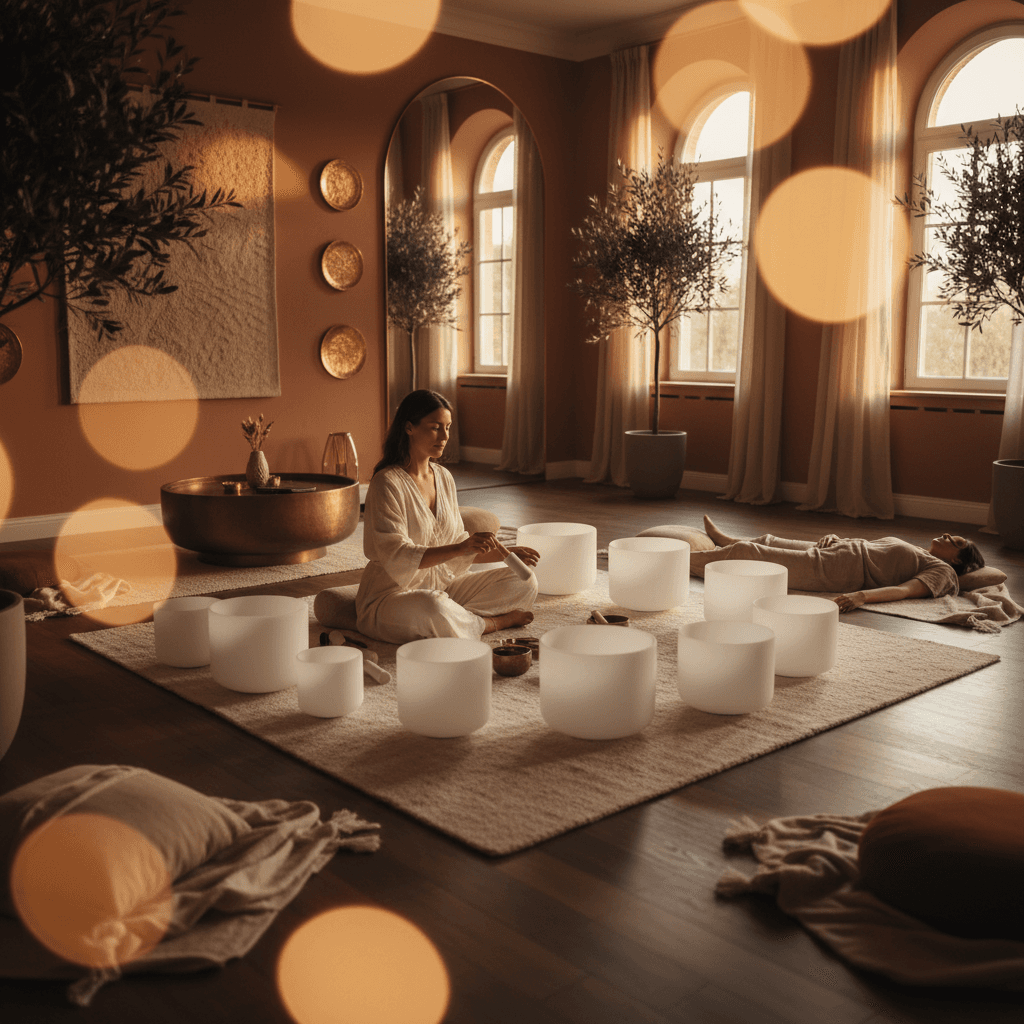 Larissa Steinbach from Soul Art Dubai guiding a couple through a serene home sound practice session with singing bowls, promoting relaxation and deeper connection.