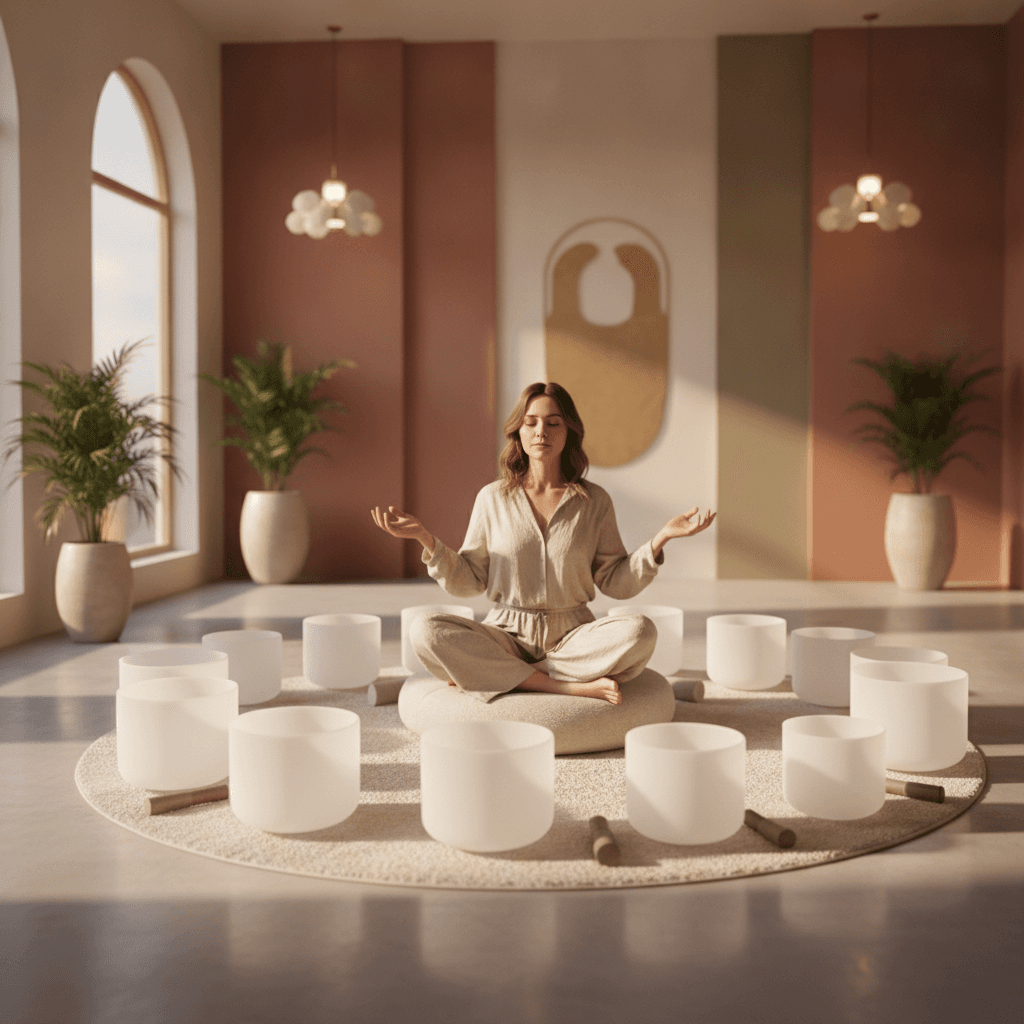 Eine Frau entspannt sich auf einem vibroakustischen Sound-Lounge-Stuhl in einem ruhigen Raum, der das einzigartige Angebot von Soul Art und Larissa Steinbach widerspiegelt.