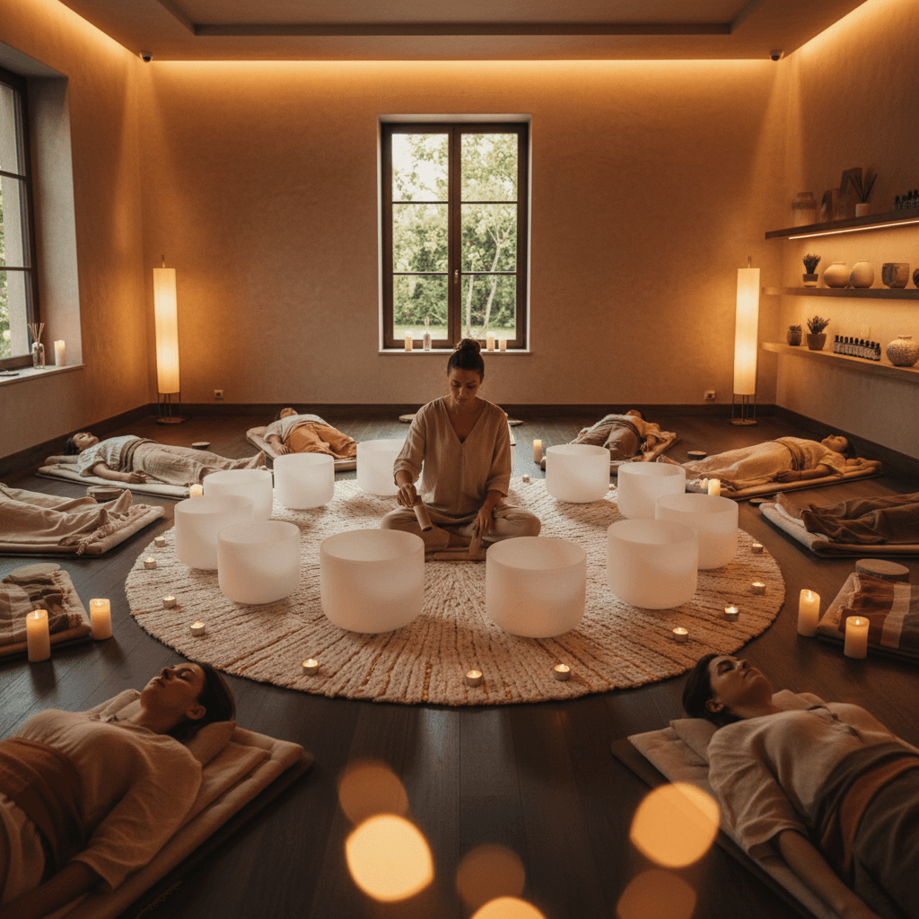 A woman relaxing during a sound therapy session, surrounded by crystal bowls, with a soft glow. Soul Art Dubai by Larissa Steinbach offers synergistic wellness for hormonal harmony.