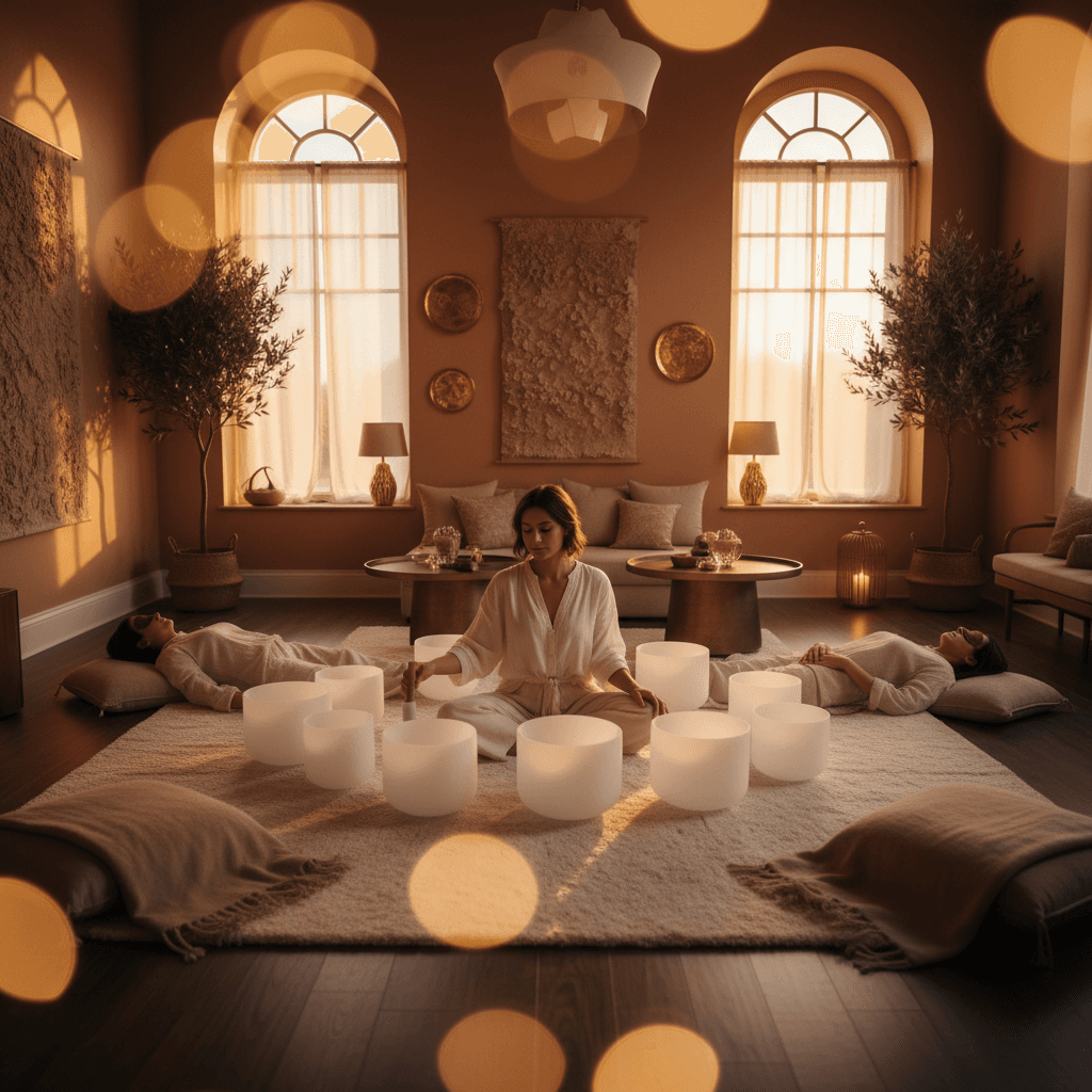 Hospizpersonal in einer friedlichen Klang-Wellness-Sitzung bei Soul Art, geleitet von Larissa Steinbach, die tiefe Entspannung und Erholung durch Klangschalen und Gongs erfahren.