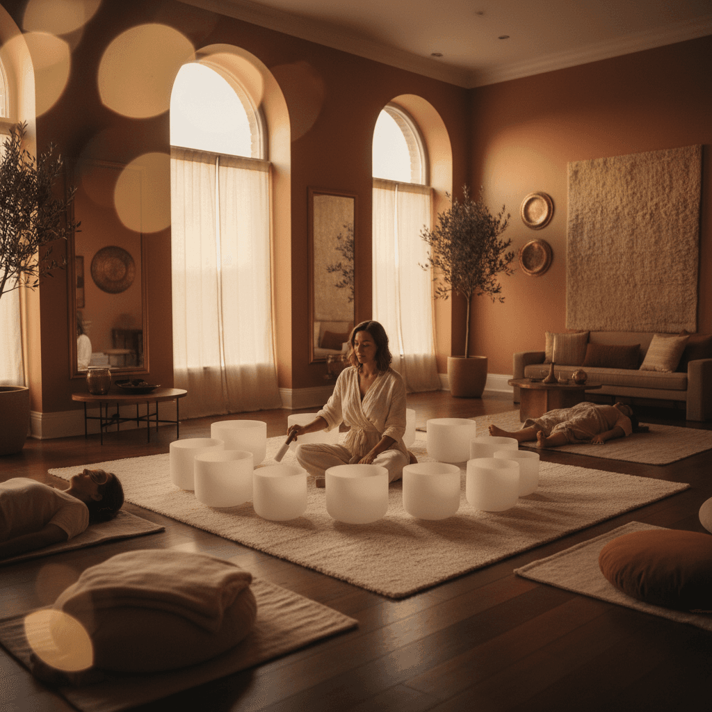 A hospitality worker finding calm amidst a busy restaurant, with subtle sonic waves representing sound wellness. Soul Art Dubai and Larissa Steinbach focus on stress reduction for service industry professionals.