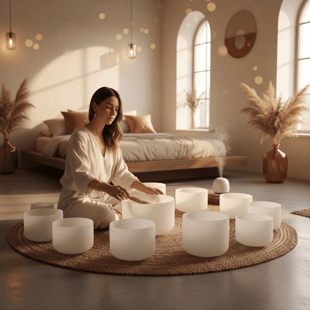 Larissa Steinbach, Gründerin von Soul Art, beim Anleiten einer Klang-Wellness-Session, die die Vorteile von Hotelpartnerschaften im Gastgewerbe für Entspannung und gehobenes Gästeerlebnis hervorhebt.