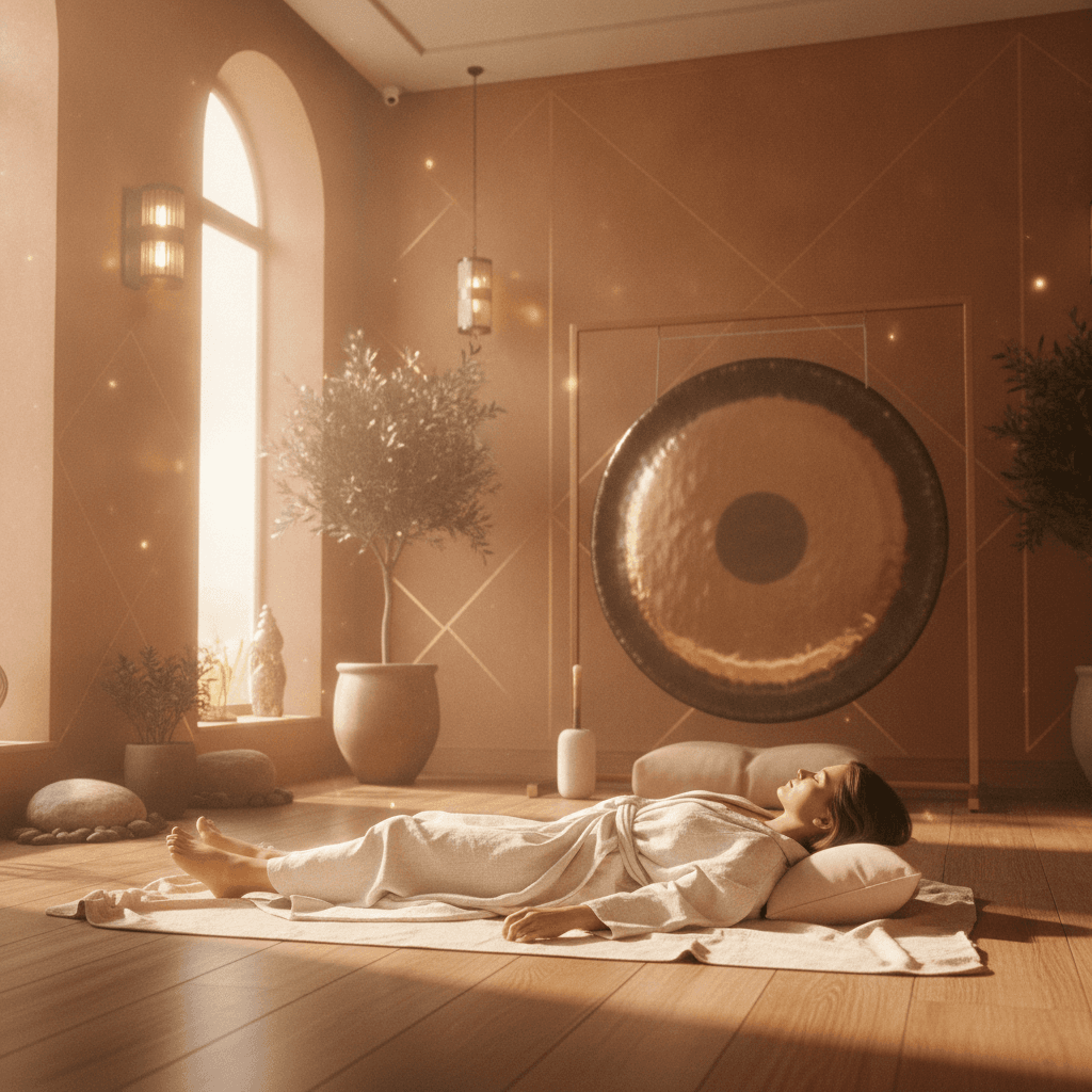 A serene image showing crystal singing bowls and gongs in a luxurious spa setting, representing a Soul Art sound bath experience led by Larissa Steinbach in a Dubai luxury hotel, promoting deep relaxation and wellness.