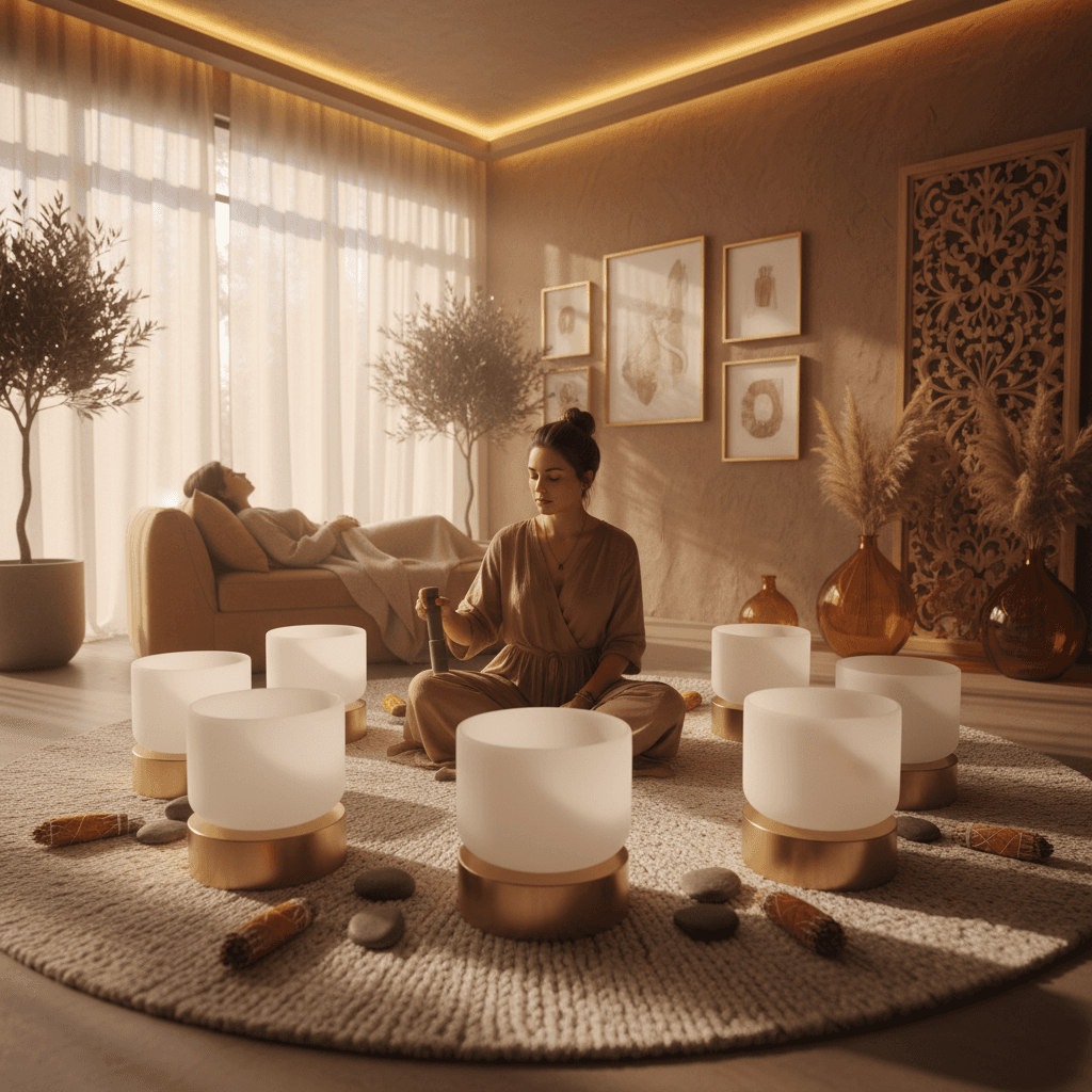 Larissa Steinbach, founder of Soul Art, expertly designs bespoke sound journeys using crystal bowls and gongs, blending science and art for deep wellness in Dubai.