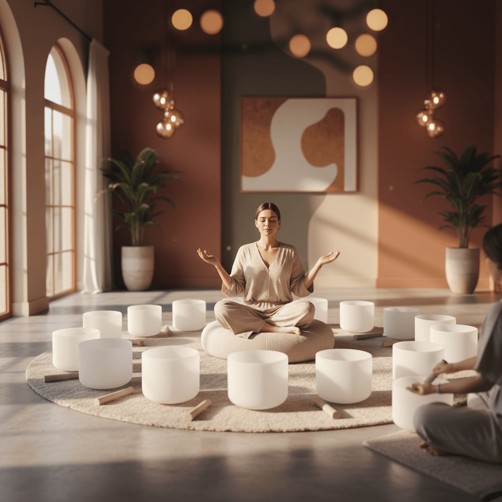 A couple experiencing deep relaxation during a relational sound bath session at Soul Art Dubai, guided by Larissa Steinbach, fostering connection and wellbeing.