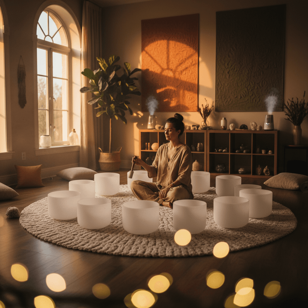 Larissa Steinbach leading a voice-guided sound session at Soul Art Dubai, with serene lighting and sound bowls, illustrating holistic wellness practices.