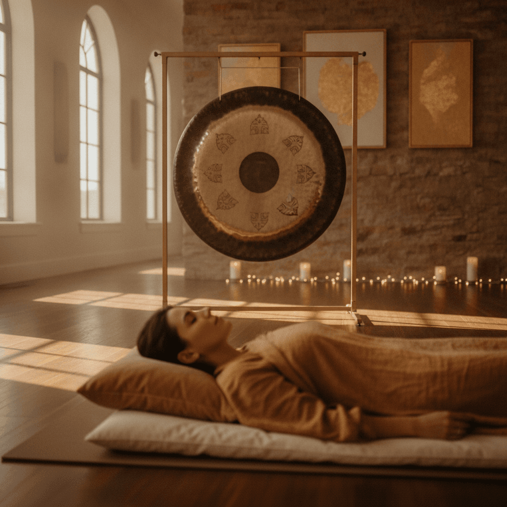 Larissa Steinbach of Soul Art leading an intimate private sound bath session in Dubai, surrounded by crystal singing bowls, creating a serene and focused wellness experience for a small group.