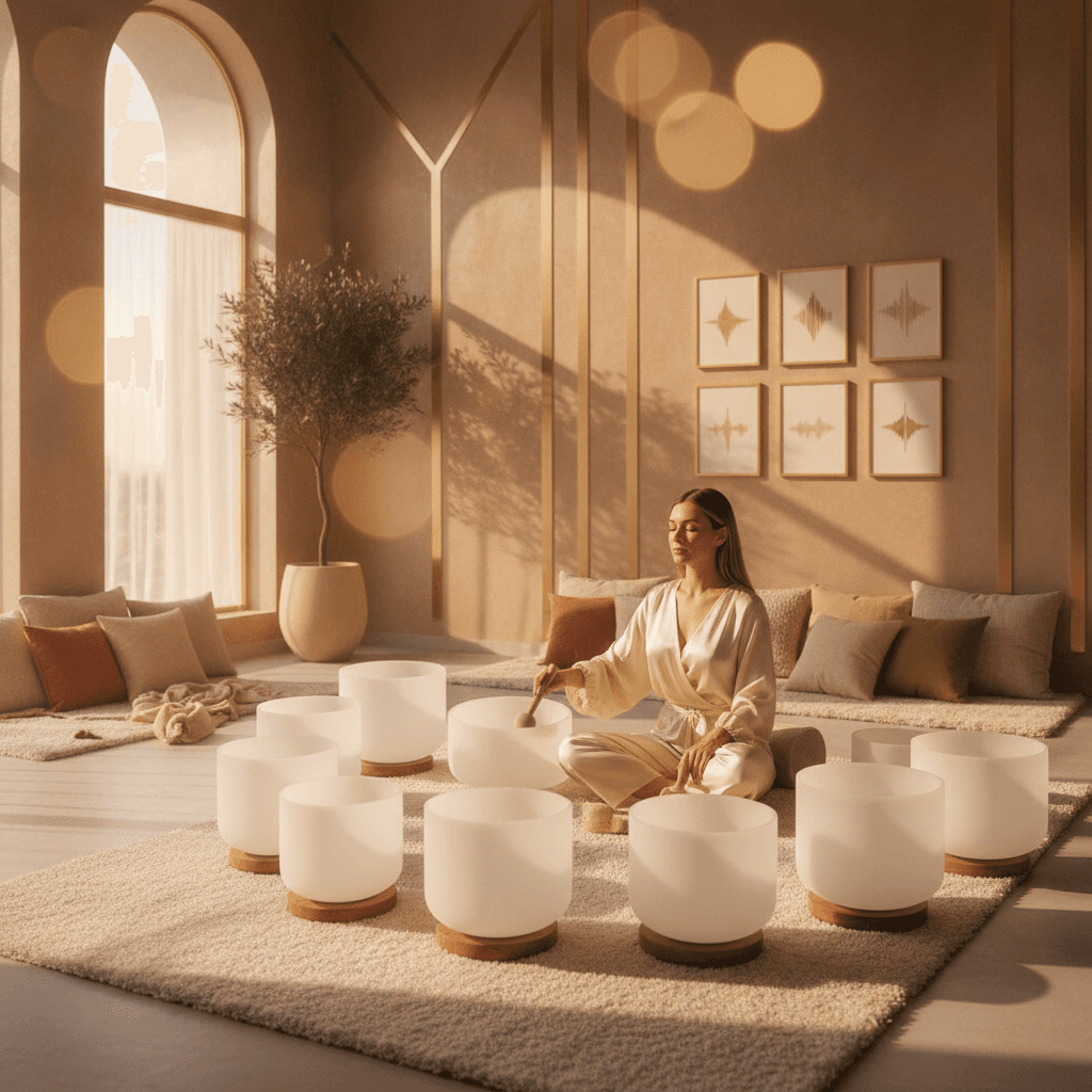Eine Klangschale bei Sonnenuntergang im Soul Art Studio in Dubai, symbolisiert die Harmonie von Ritual und Wissenschaft, angeleitet von Larissa Steinbach.