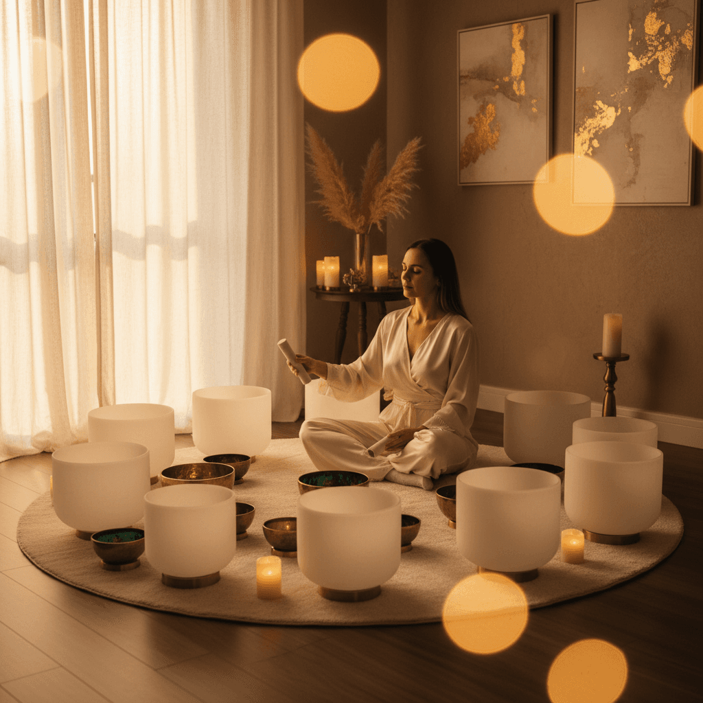 A tranquil sound wellness studio with glowing crystal singing bowls, representing Soul Art's holistic approach under Larissa Steinbach's guidance.