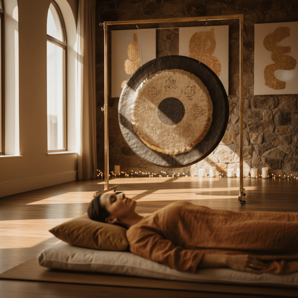 A woman lying peacefully during a sound bath session at Soul Art Dubai, surrounded by crystal singing bowls, demonstrating the tranquil wellness experience curated by Larissa Steinbach.