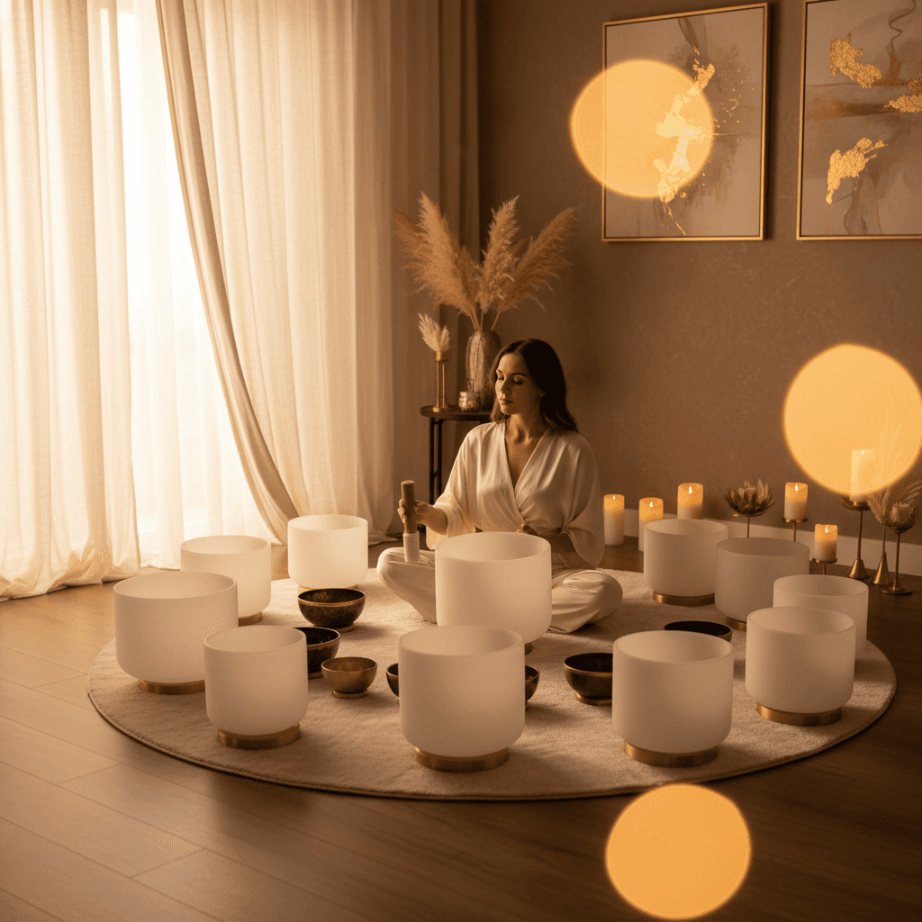 Larissa Steinbach guiding a sound wellness session at Soul Art Dubai, with an array of crystal singing bowls and gongs, promoting nervous system balance and stress relief.