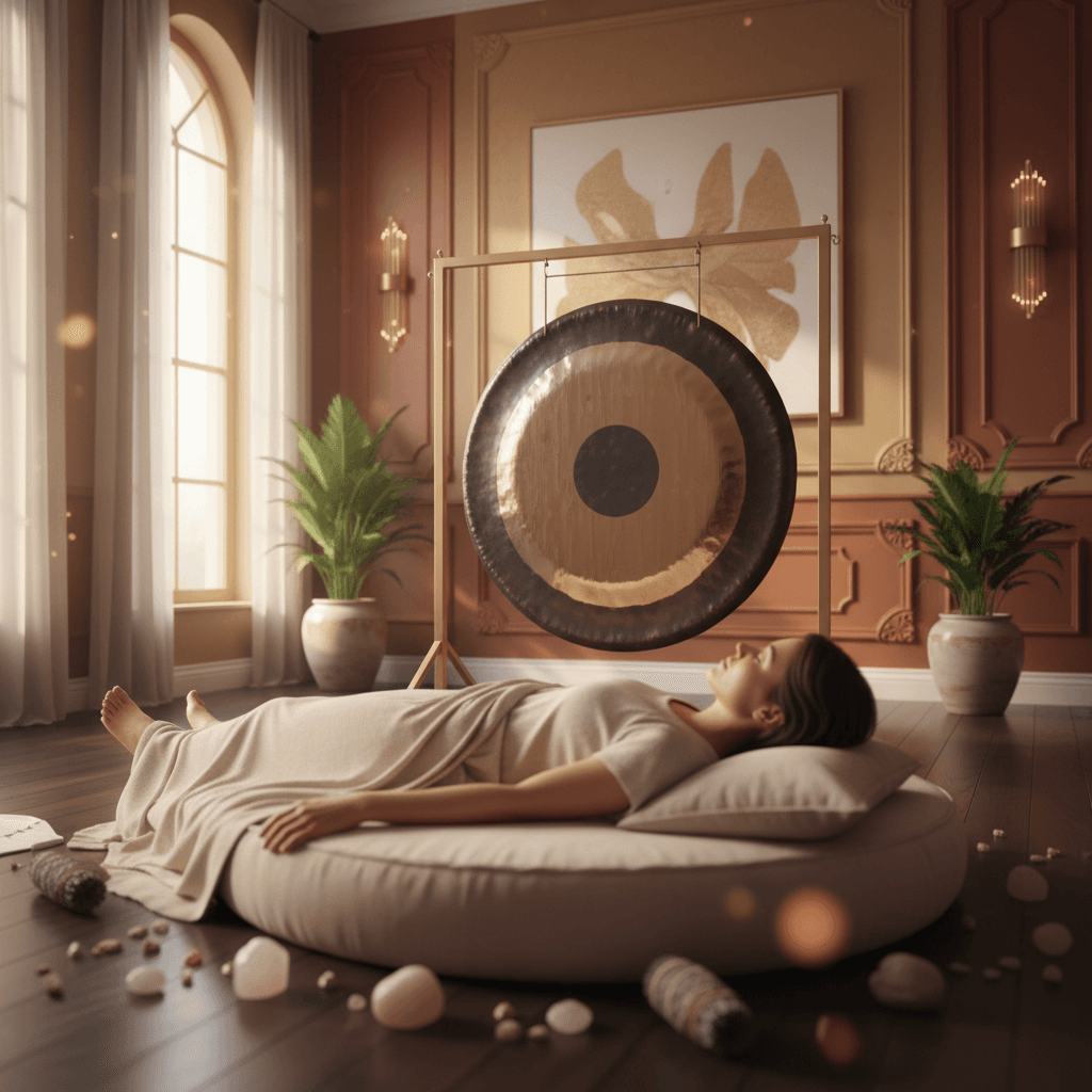 Eine Frau in einem ruhigen Raum, umgeben von Klangschalen, praktiziert ein Nachsorge-Ritual nach einem Sound Bath bei Soul Art, geleitet von Larissa Steinbach.