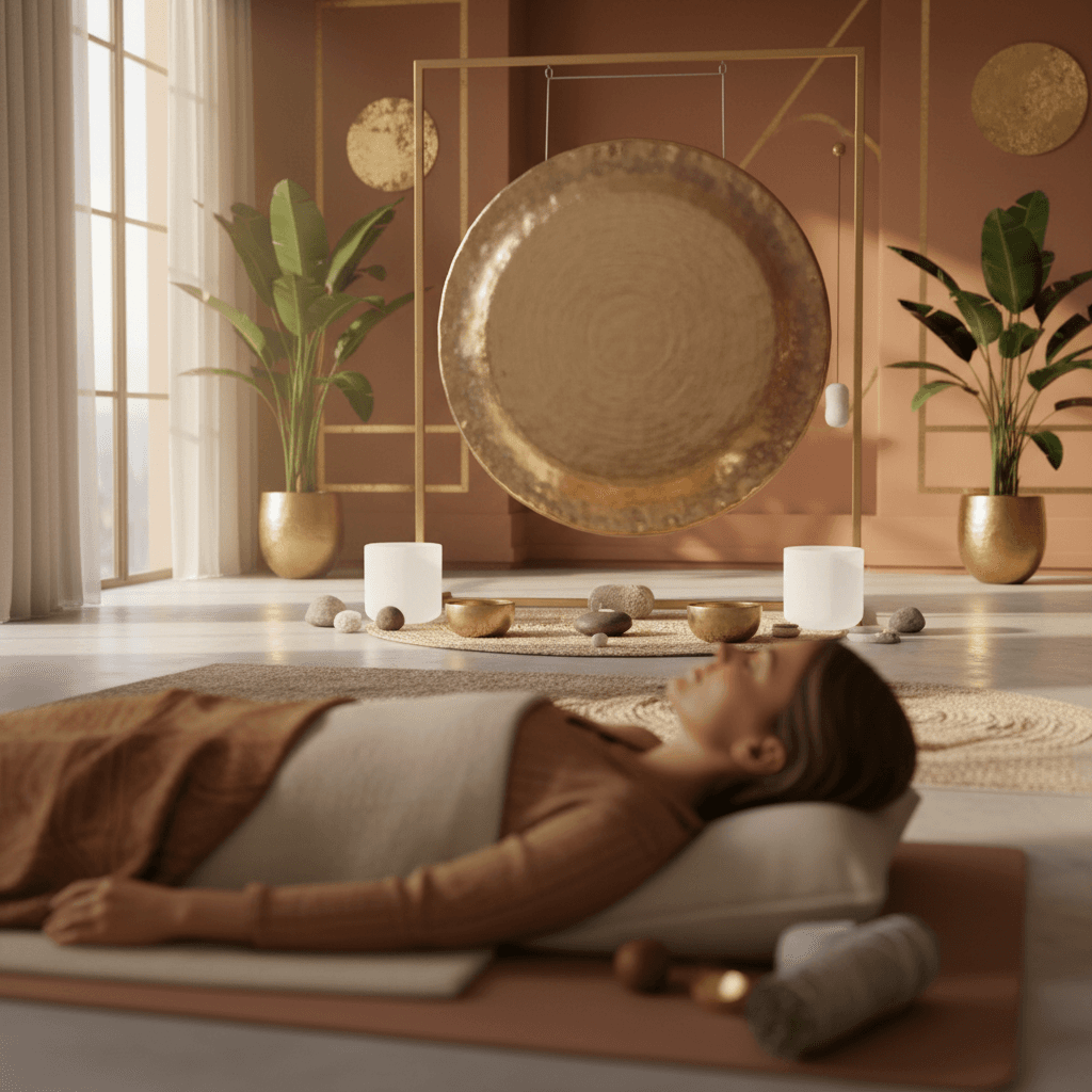 A tranquil group sound bath room at Soul Art Dubai, designed by Larissa Steinbach, featuring crystal singing bowls, comfortable mats, and soft lighting for a safe and immersive sound wellness experience.