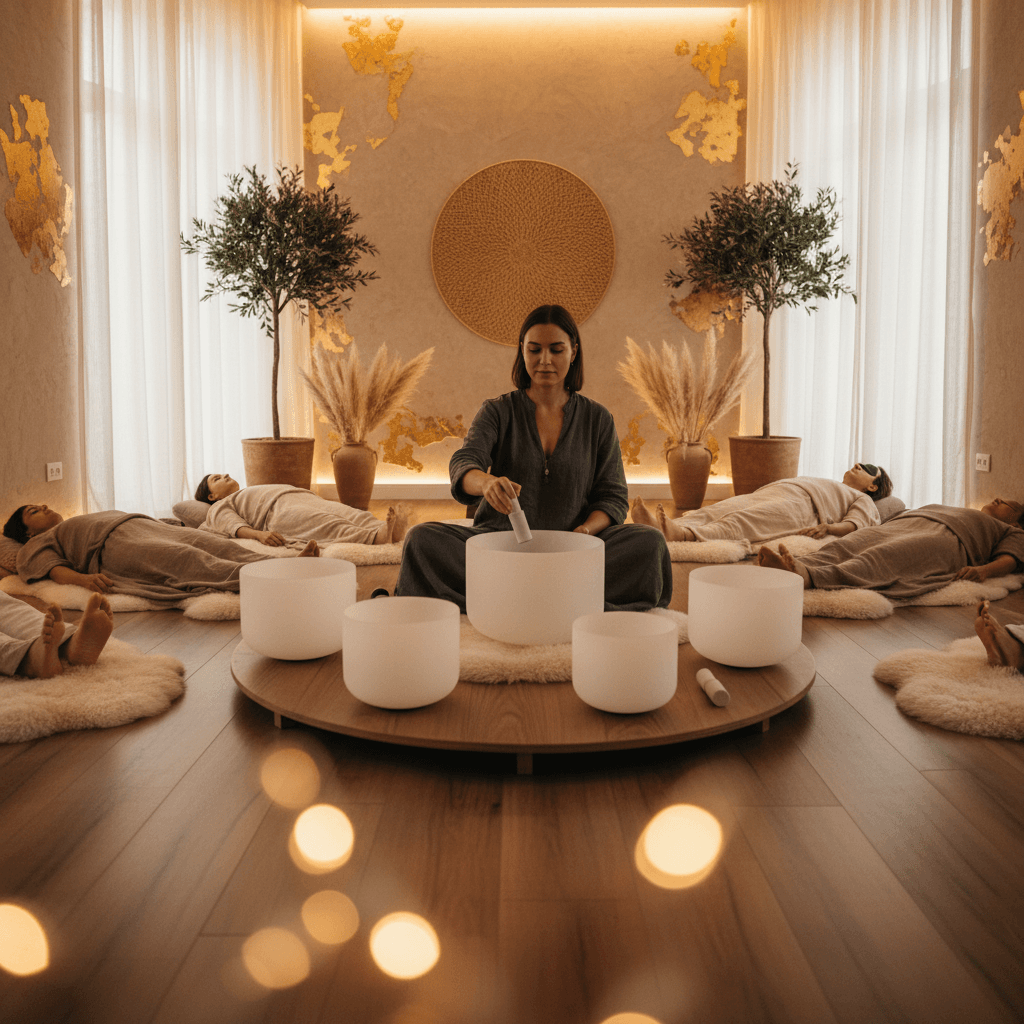 A Soul Art sound healing practitioner gently playing a crystal singing bowl, symbolizing the calm and expertise of Larissa Steinbach's studio.