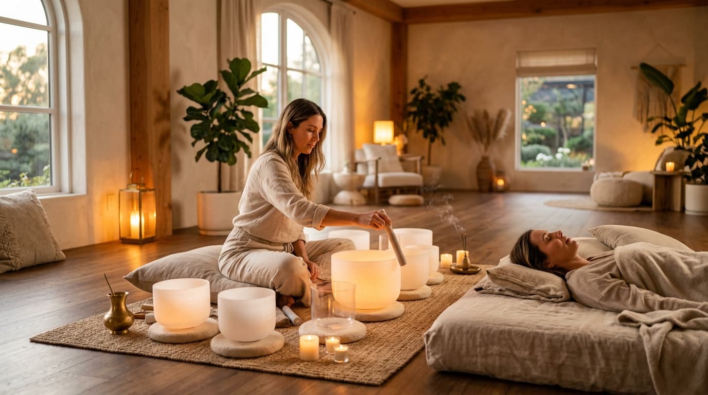 Eine handgefertigte tibetische Klangschale wird im Soul Art Studio von Larissa Steinbach sanft angespielt, um ihre Resonanz und Frequenz für eine Klang-Wellness-Sitzung zu testen.