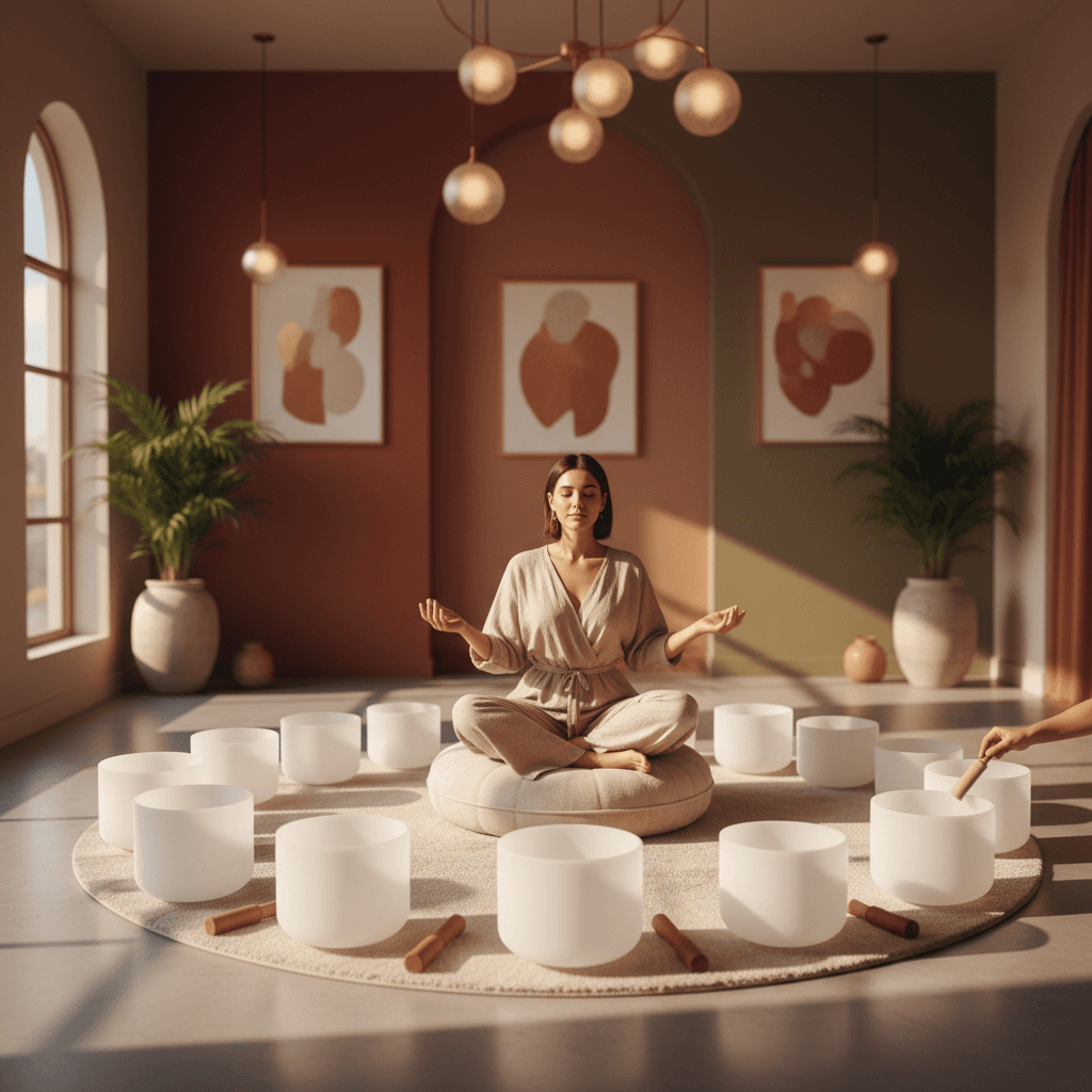A tranquil woman meditating amidst glowing crystal singing bowls, symbolizing a harmonious sound healing routine at Soul Art by Larissa Steinbach.