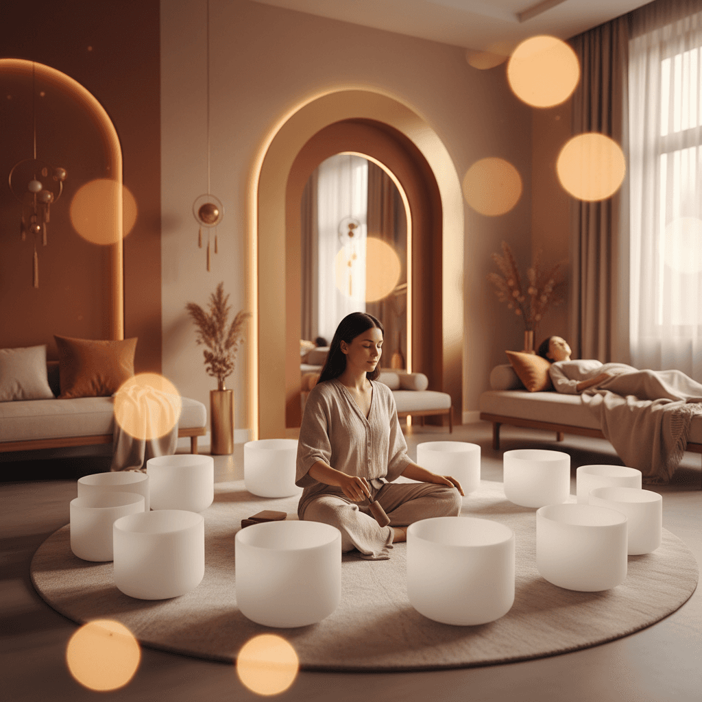 Eine ruhige Frau meditiert in einem Klangbad-Studio, umgeben von Klangschalen und sanftem Licht, was die Praxis des Absichten-Setzens und des Loslassens bei Soul Art Dubai mit Larissa Steinbach symbolisiert.