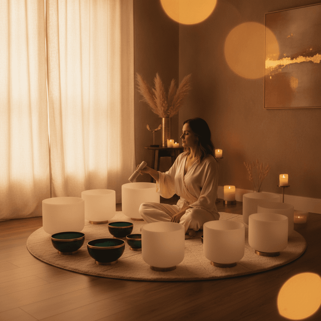 Eine Frau erlebt vibroakustische Therapie auf einer Klangliege, während beruhigende Farbtöne den Raum erfüllen. Soul Art Dubai und Larissa Steinbach stehen für wissenschaftlich fundiertes Klang-Wellness.