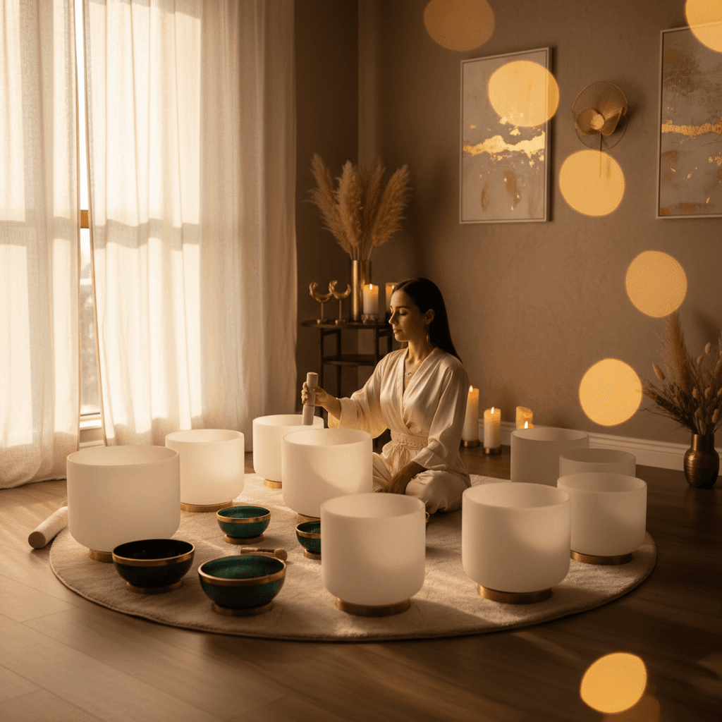 Larissa Steinbach from Soul Art Dubai demonstrating how to track personal responses to sound healing sessions, featuring singing bowls and calming light in a serene studio setting, emphasizing holistic wellness and scientific insight.