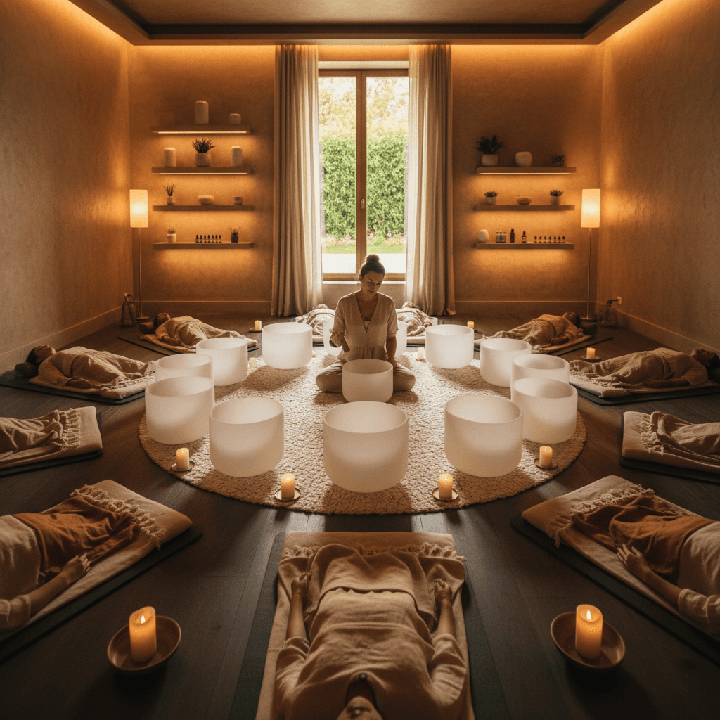 A serene sound wellness studio at Soul Art Dubai, featuring crystal singing bowls and ambient lighting, reflecting Larissa Steinbach's innovative approach to HRV-responsive sound and heart coherence for well-being.