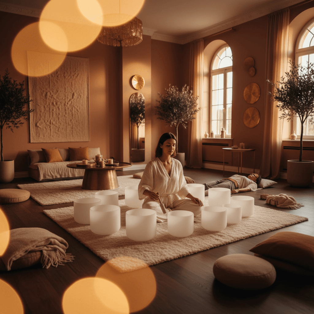 Eine Frau meditiert und summt, während sie von den beruhigenden Klängen eines Sound Baths umgeben ist, symbolisierend die Vagusnerv-Regulation bei Soul Art von Larissa Steinbach, für tiefe Entspannung und Stressabbau.