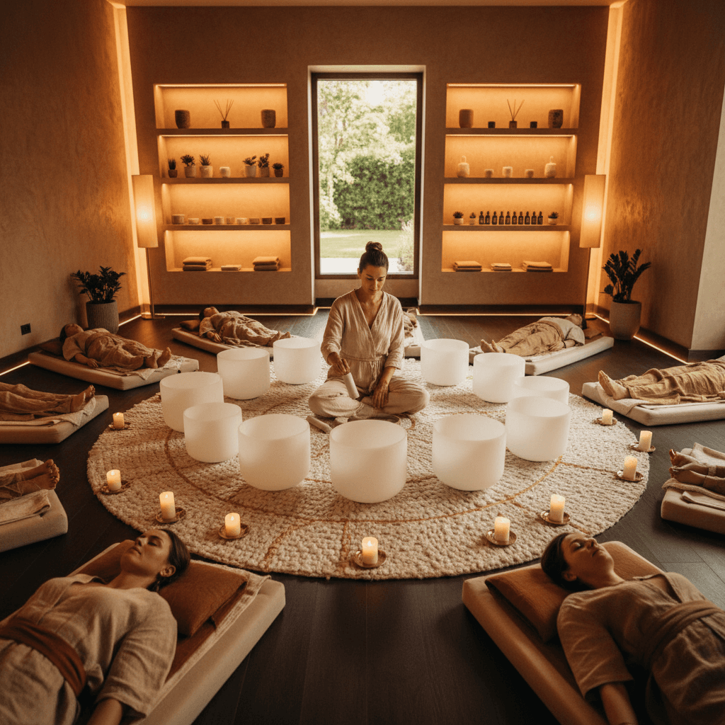 Eine Person meditiert im Studio von Soul Art Dubai, umgeben von Klangschalen und Gongs. Larissa Steinbachs Studio bietet Wellness für hybride Arbeitsmodelle.