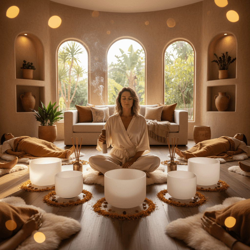A person meditating with hands in prayer position, surrounded by glowing light, symbolizing deep integration and hydration facilitated by Soul Art and Larissa Steinbach's wellness practices.