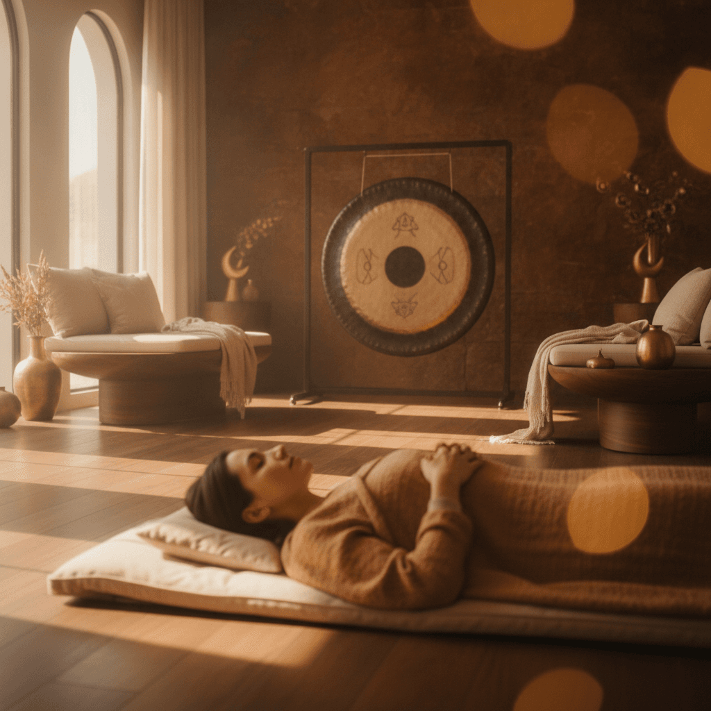 Larissa Steinbach of Soul Art Dubai demonstrating a crystal singing bowl, illustrating the importance of hydration, rest, and integration after a sound bath for deep wellness.